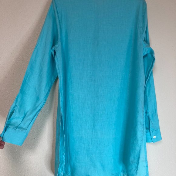 J Jill Women's Linen Button Front Tunic Size XS Petite, "Caribbean" Turquoise - Picture 7 of 8